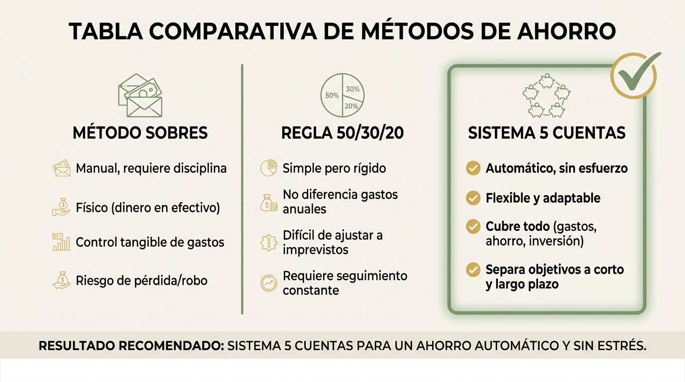 Comparativa: regla 50/30/20 vs método de sobres vs sistema de 5 cuentas