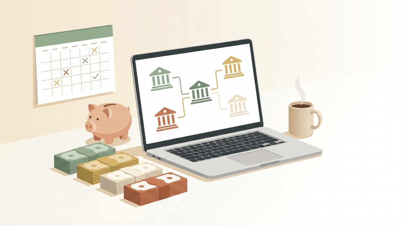 Diagrama de 5 cuentas bancarias con flechas de distribución automática