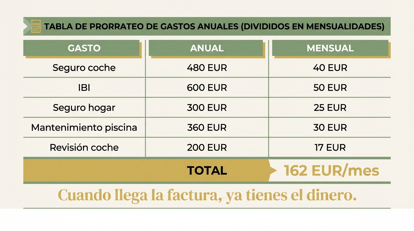 Tabla de prorrateo: gastos anuales divididos en cuotas mensuales