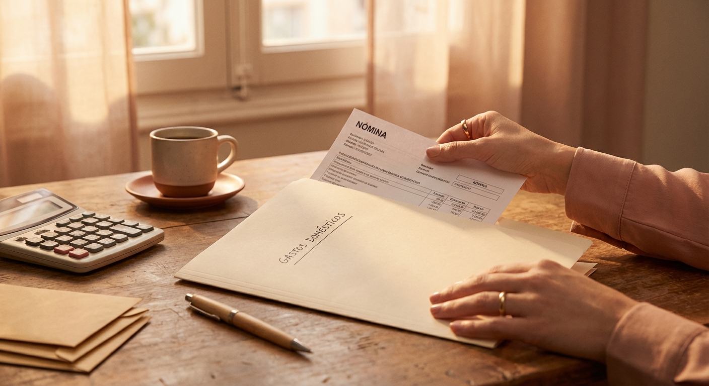 Mano colocando una nómina dentro de una carpeta etiquetada como gastos domésticos, junto a una calculadora y un café