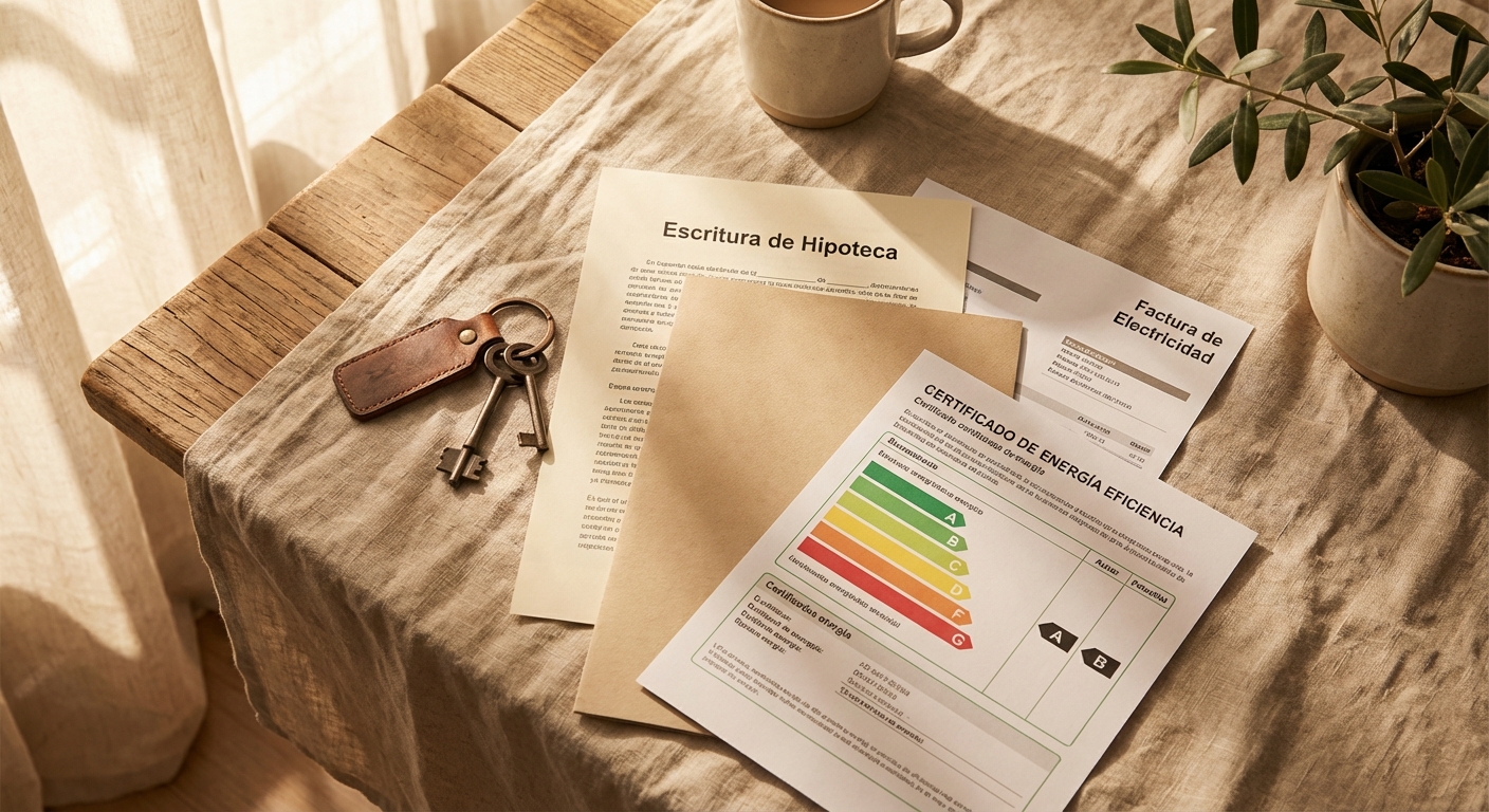 Documentos de hipoteca, llaves de casa y certificado de eficiencia energética sobre una mesa de madera