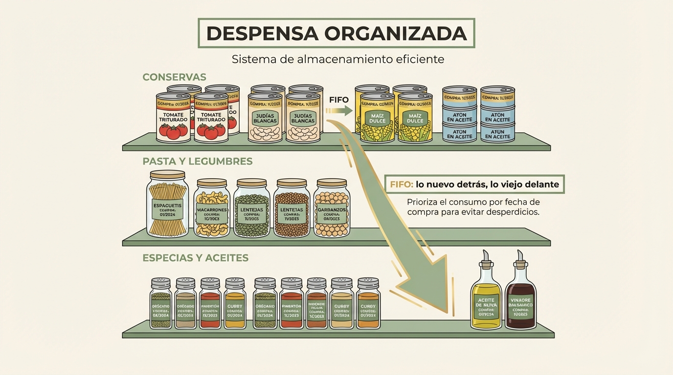 Despensa organizada con método FIFO y contenedores etiquetados