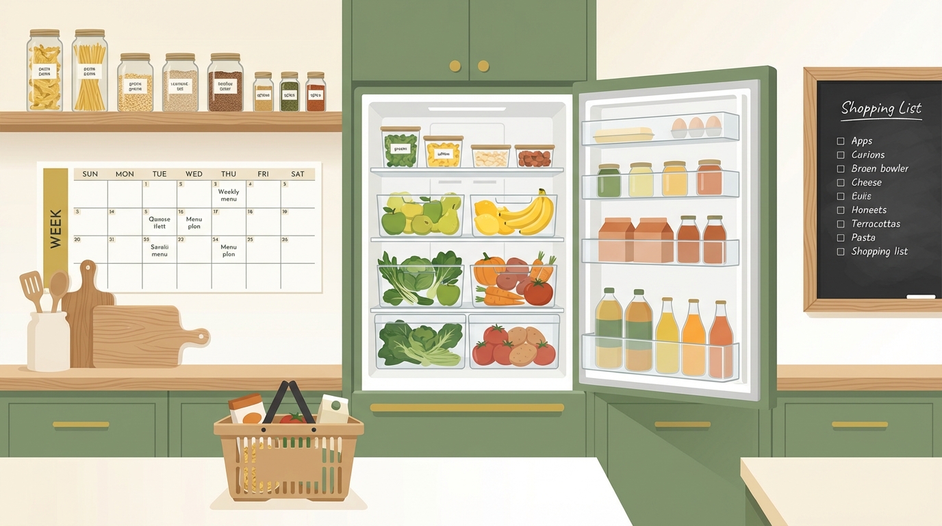 Cocina organizada por zonas con etiquetas y contenedores