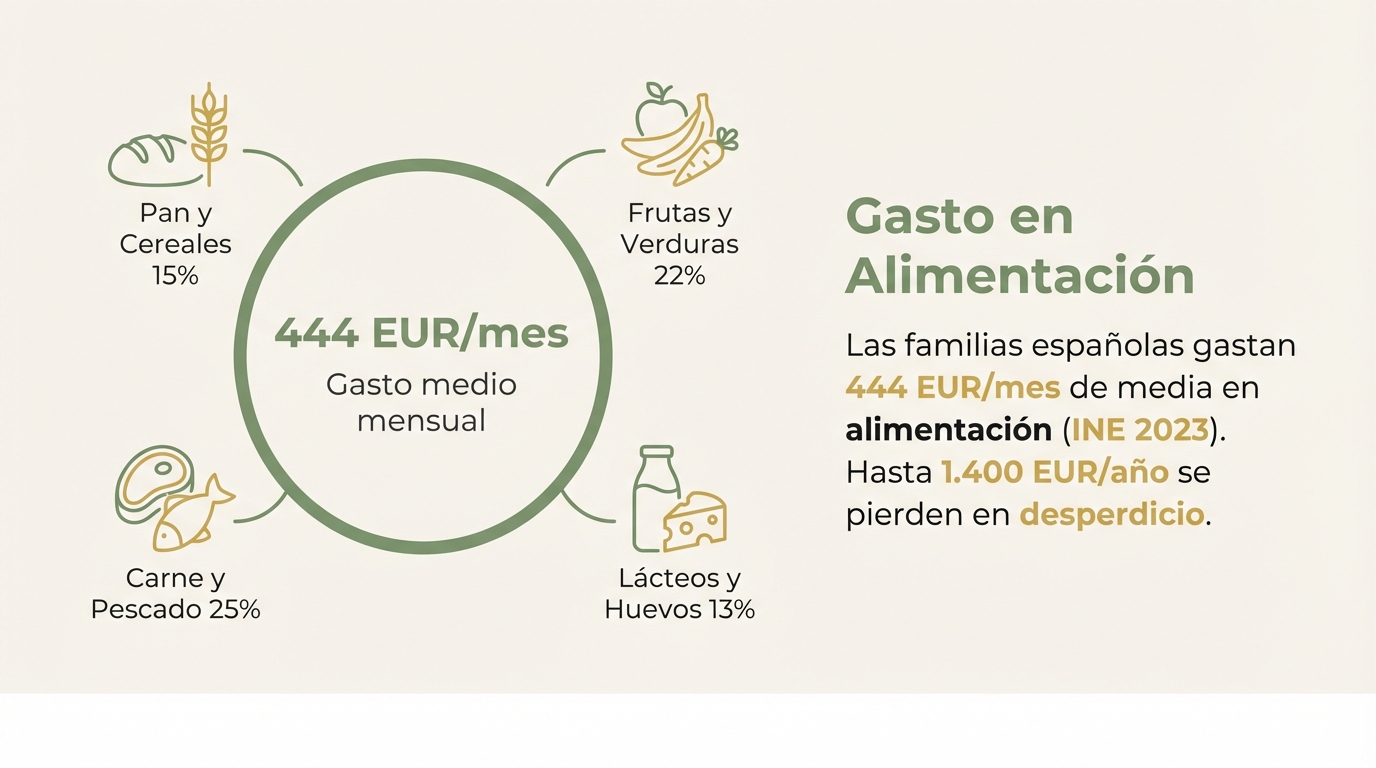 Desglose del gasto en alimentación de la familia media española: 444 EUR/mes