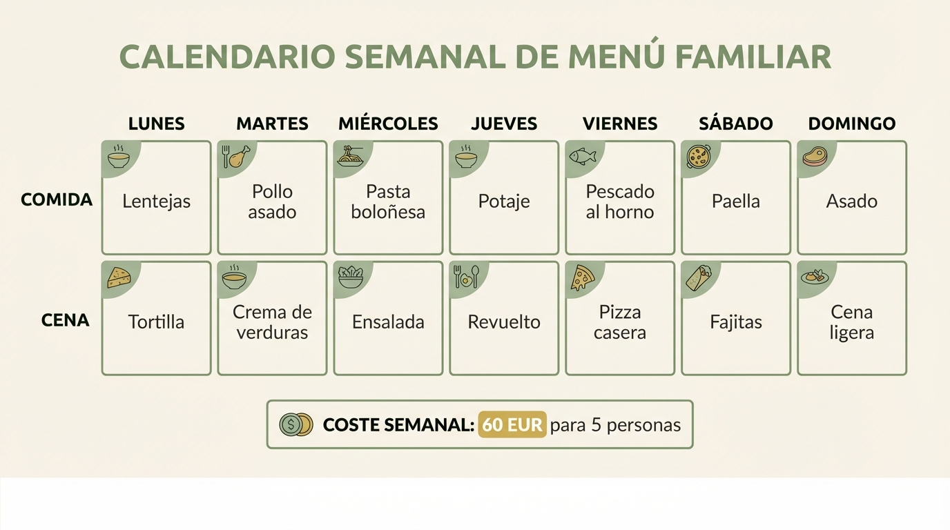 Menú semanal para familia de 5 por 60 EUR/semana