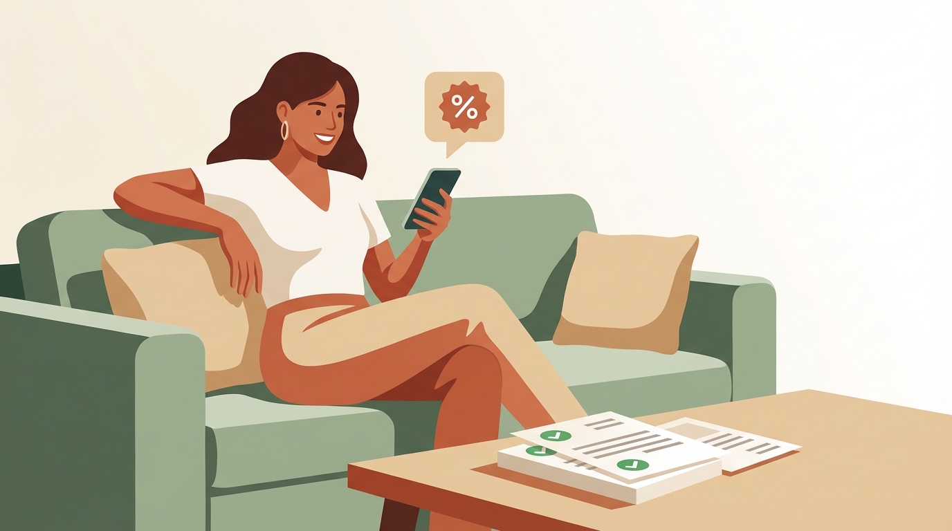 Mujer llamando por teléfono para renegociar su factura, con una tabla de ahorros