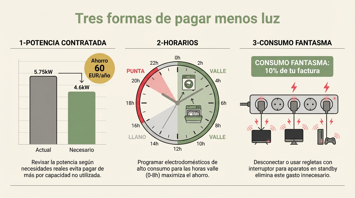 Tres formas de pagar menos luz: potencia, horarios y consumo fantasma