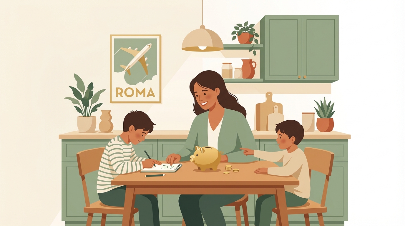 Niño contando monedas con una lista de objetivos de ahorro