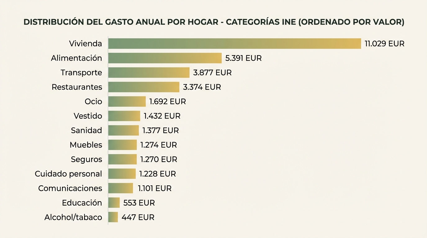 Las 13 categorías de gasto del INE ordenadas de mayor a menor