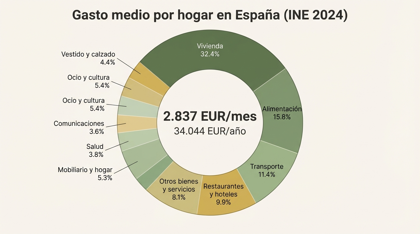 Gasto medio por hogar en España: 2.837 EUR/mes (INE 2024)