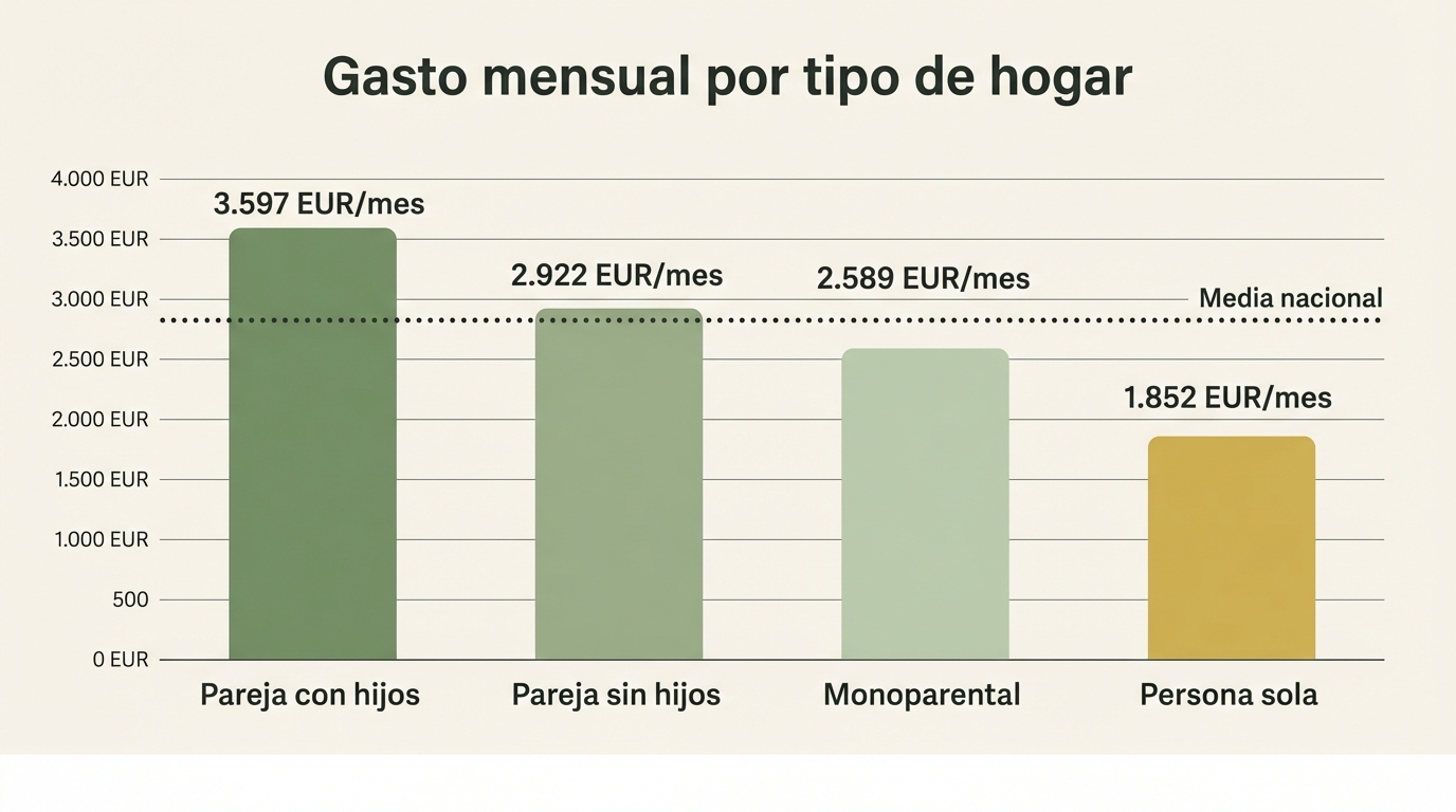 Gasto mensual por tipo de hogar en España