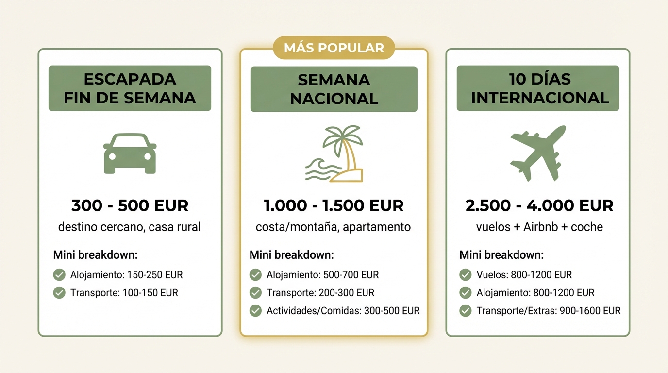 3 presupuestos: escapada, semana nacional, 10 días internacional