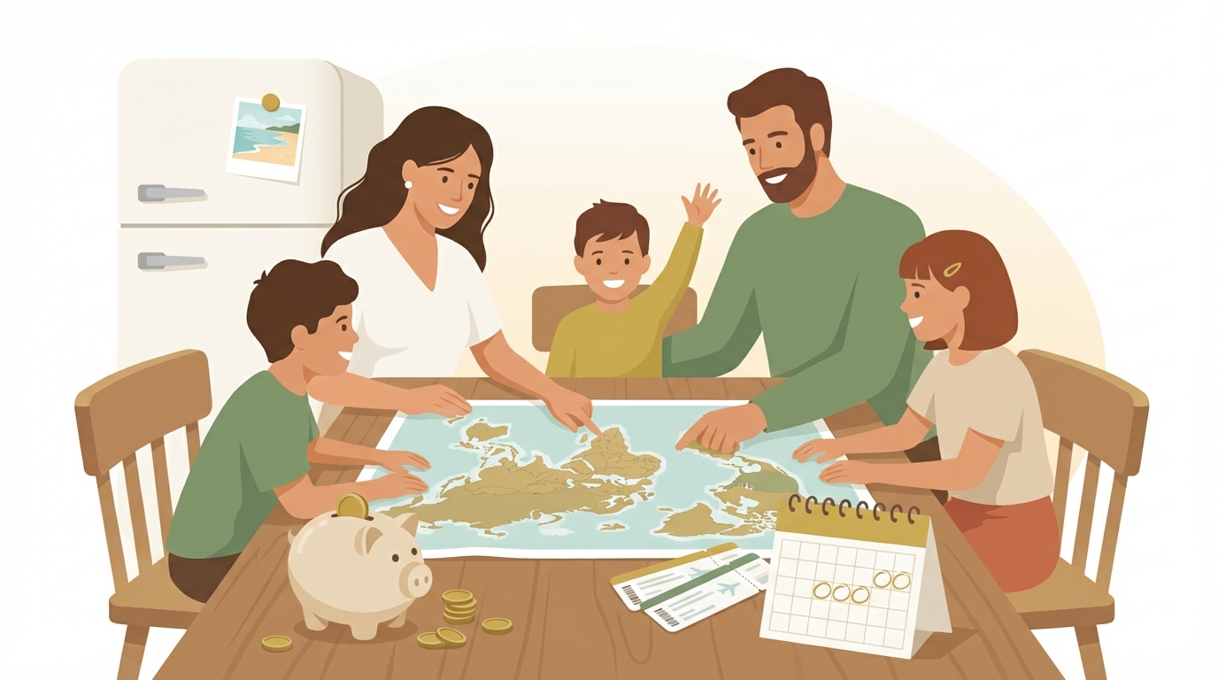 Familia de 5 personas planificando sus vacaciones con un presupuesto